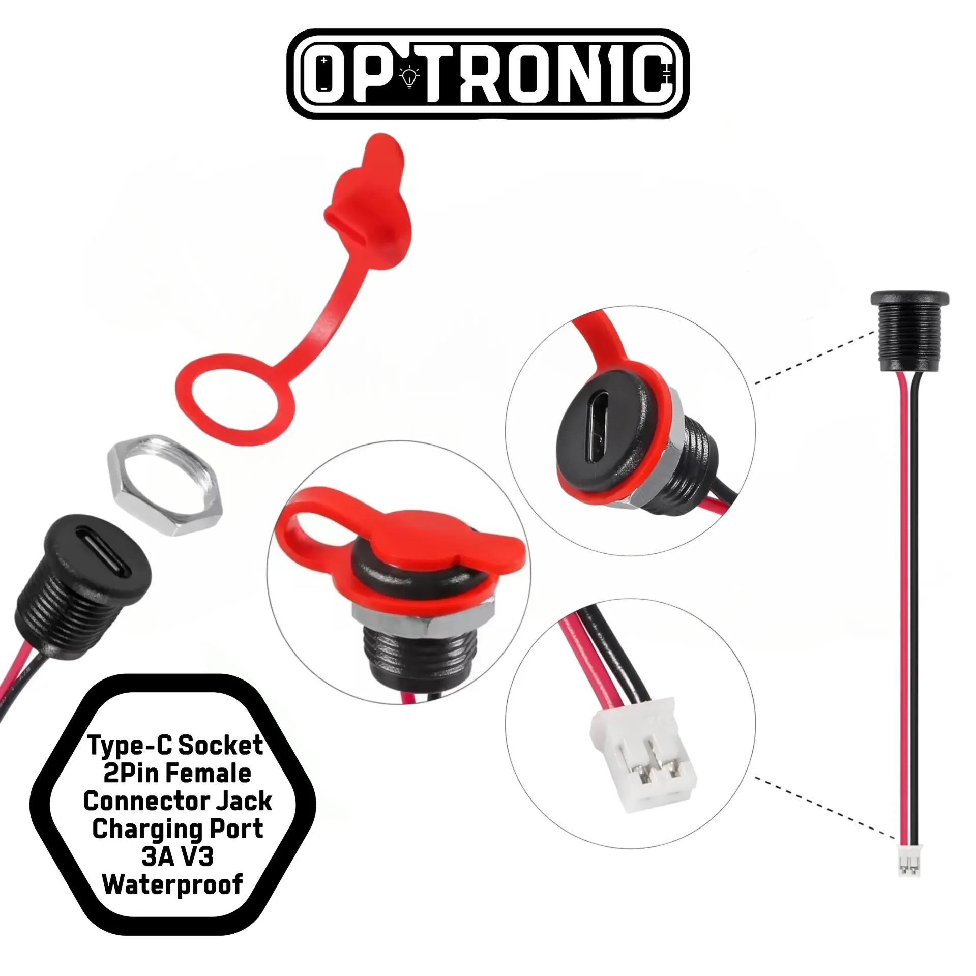 Type-C Socket 2Pin Female Connector Jack Charging Port 3A V3 Waterproof